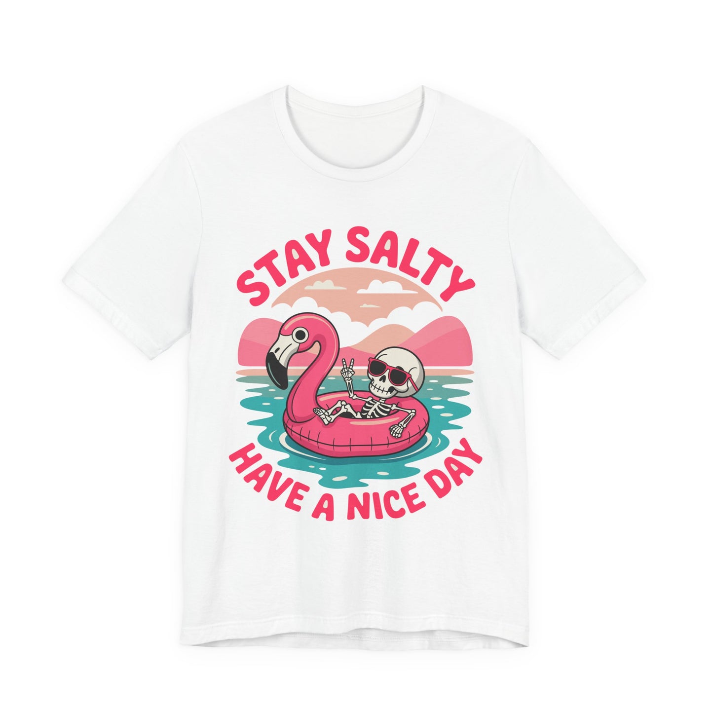 Beachy Skeleton Unisex Tee, Flamingo Float Graphic Shirt, Summer Vacation Top, Skeleton Beach Theme Apparel, Casual Skeleton T-Shirt