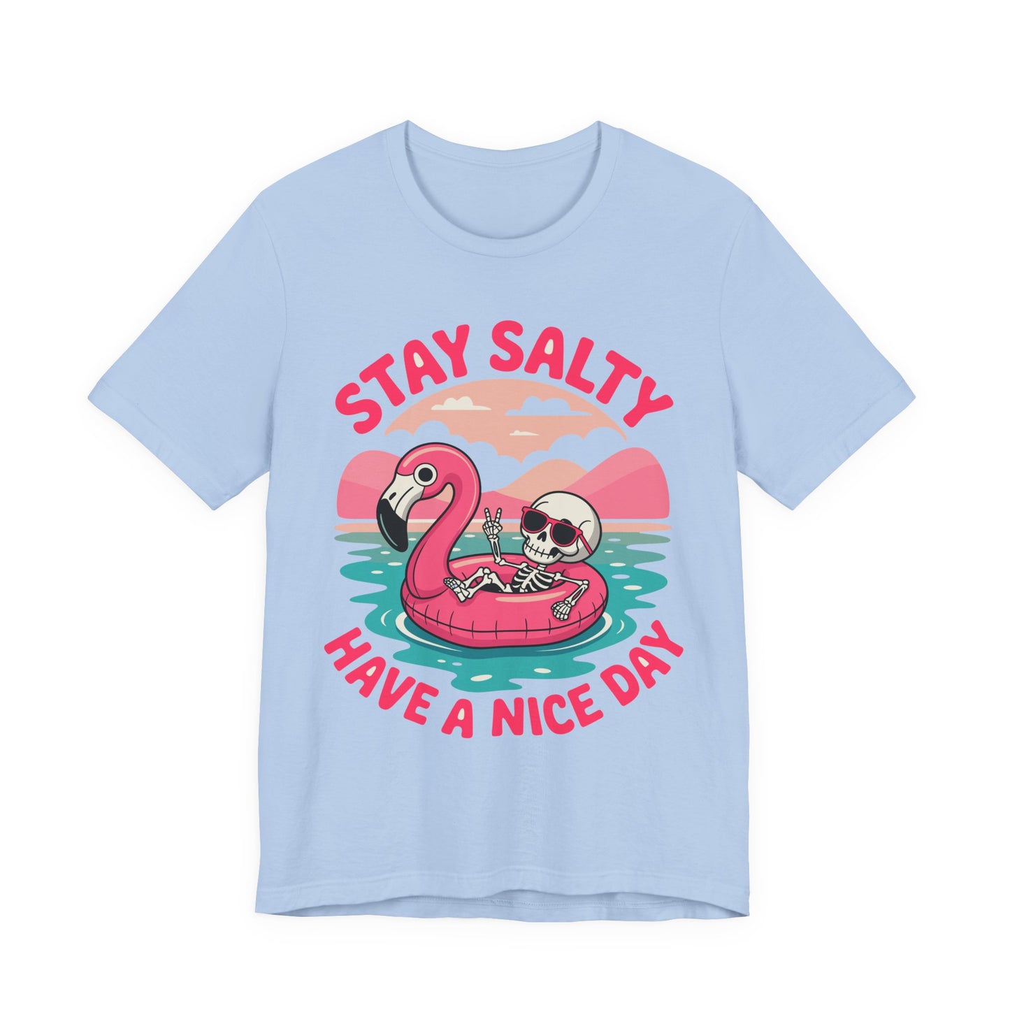 Beachy Skeleton Unisex Tee, Flamingo Float Graphic Shirt, Summer Vacation Top, Skeleton Beach Theme Apparel, Casual Skeleton T-Shirt