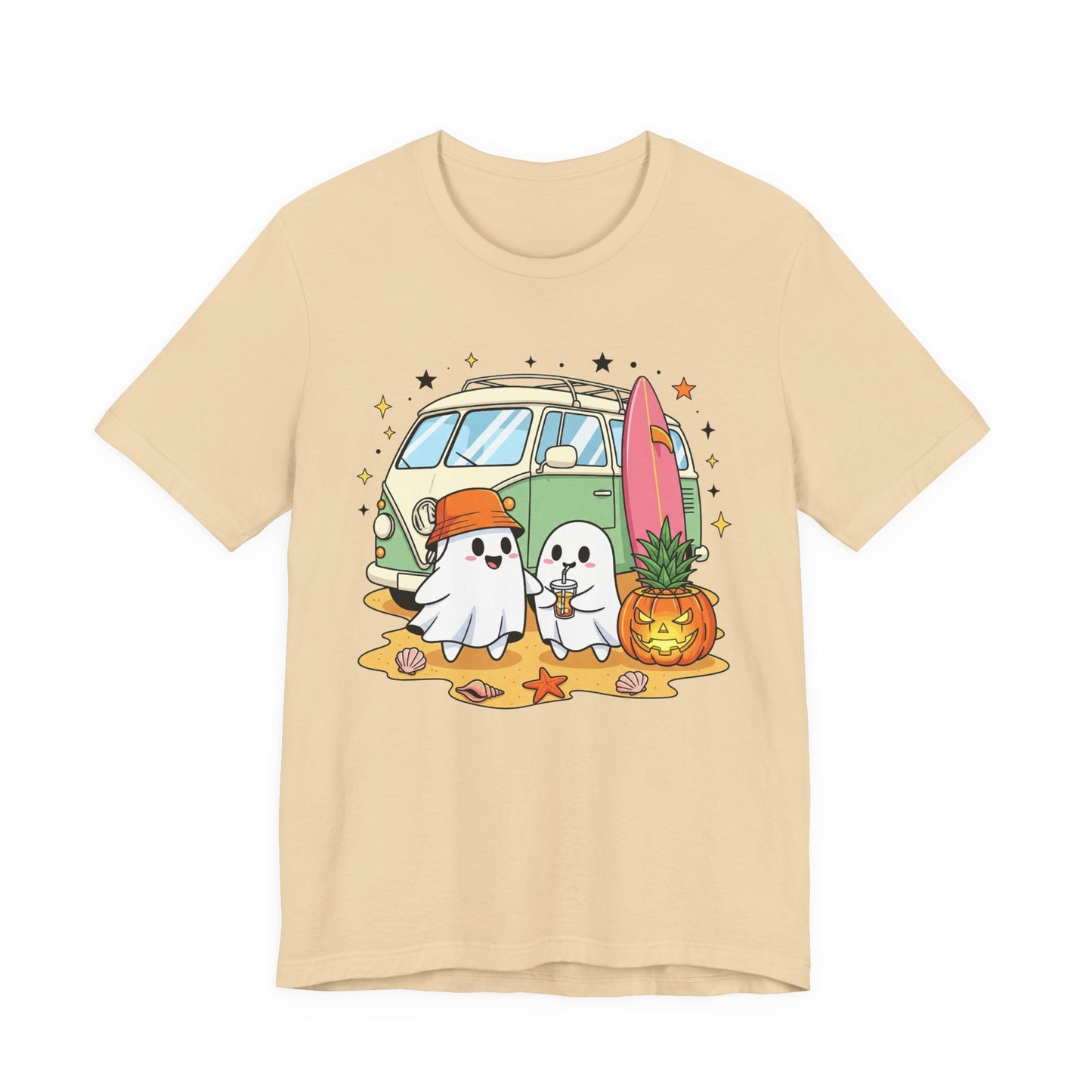 Vintage Van Ghosts Unisex Tee Shirt, Halloween Beach Pumpkin Top, Retro Halloween Shirt, Fall Ghost Tee, Beach Van Shirt