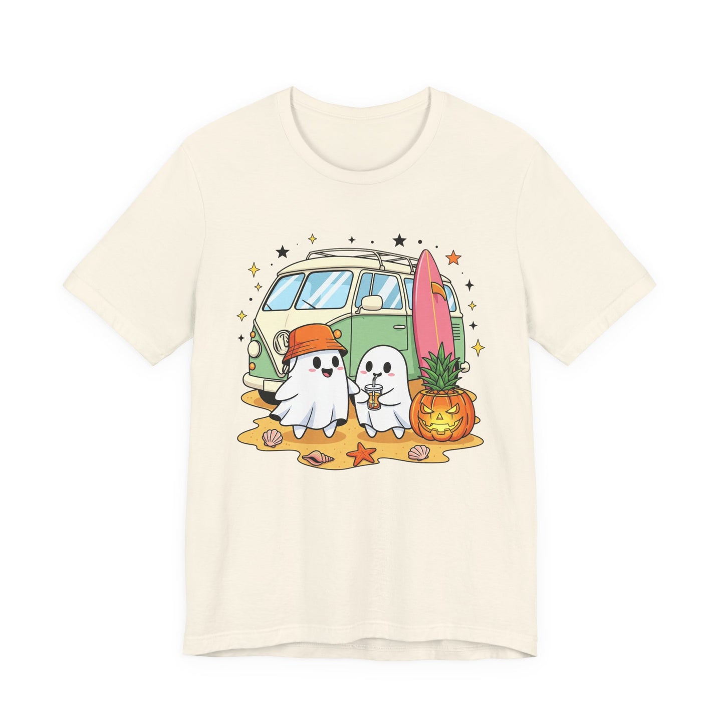 Vintage Van Ghosts Unisex Tee Shirt, Halloween Beach Pumpkin Top, Retro Halloween Shirt, Fall Ghost Tee, Beach Van Shirt