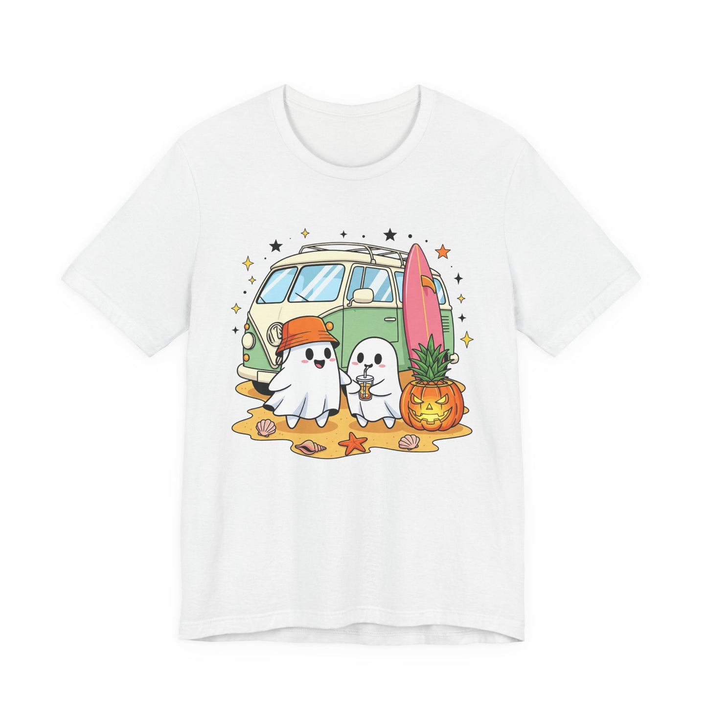 Vintage Van Ghosts Unisex Tee Shirt, Halloween Beach Pumpkin Top, Retro Halloween Shirt, Fall Ghost Tee, Beach Van Shirt