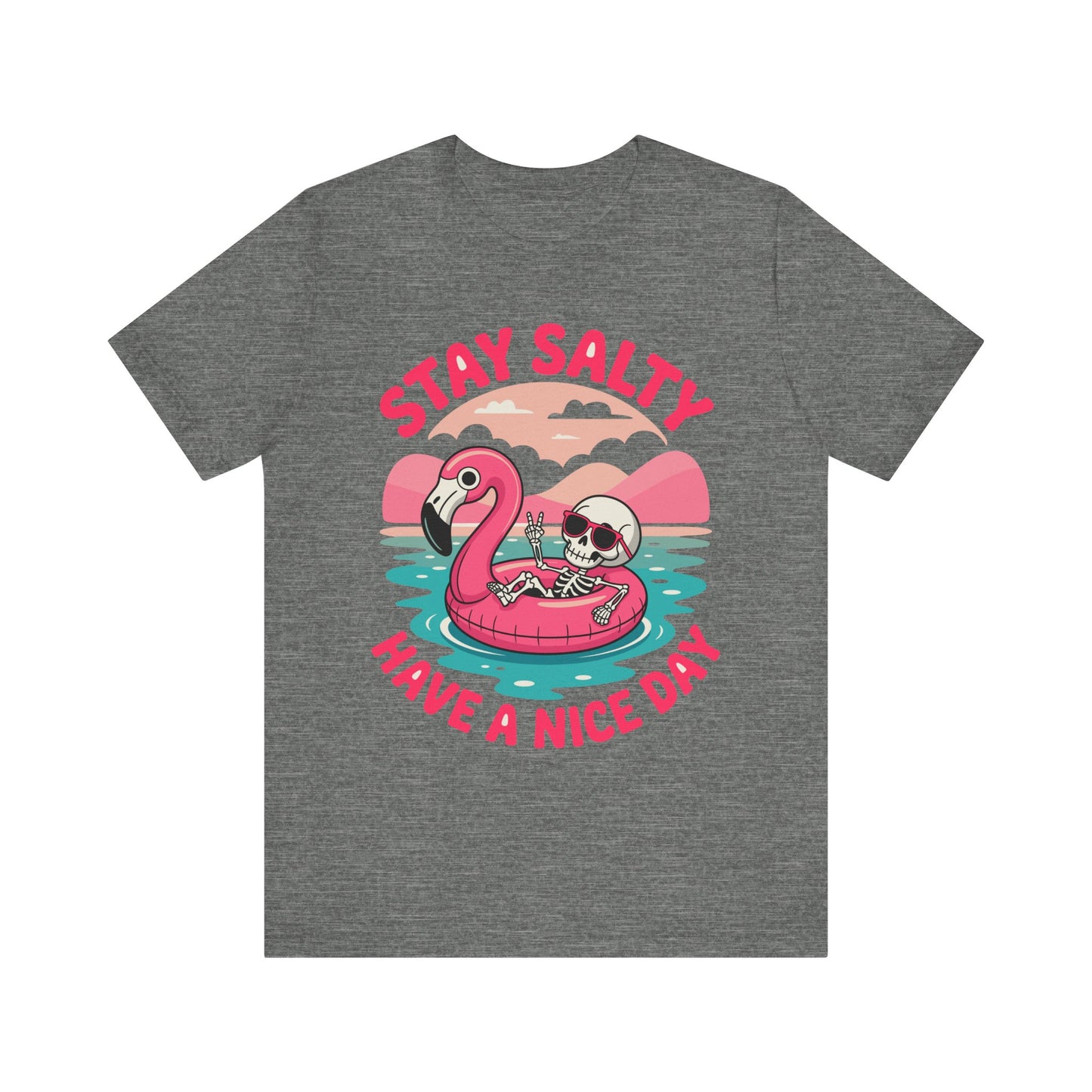 Beachy Skeleton Unisex Tee, Flamingo Float Graphic Shirt, Summer Vacation Top, Skeleton Beach Theme Apparel, Casual Skeleton T-Shirt