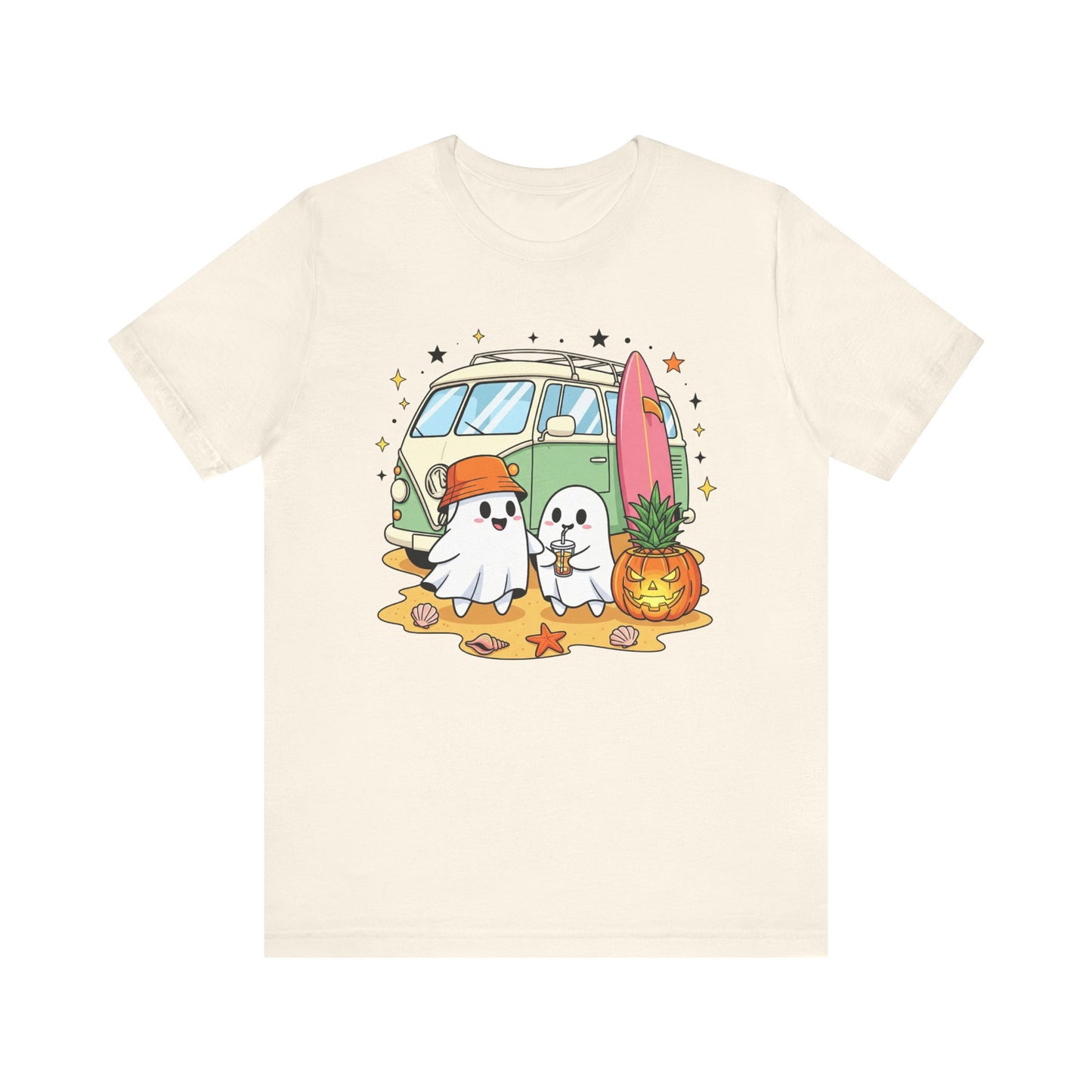Vintage Van Ghosts Unisex Tee Shirt, Halloween Beach Pumpkin Top, Retro Halloween Shirt, Fall Ghost Tee, Beach Van Shirt