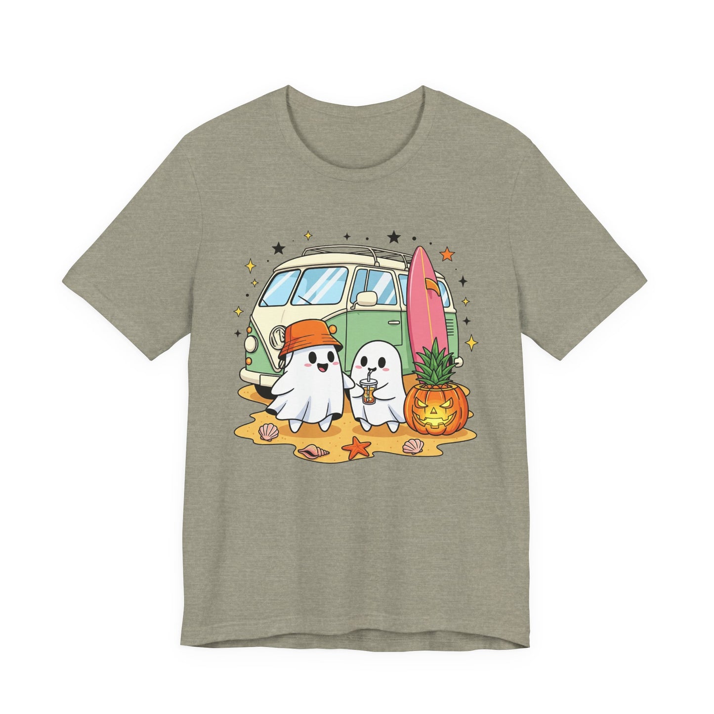 Vintage Van Ghosts Unisex Tee Shirt, Halloween Beach Pumpkin Top, Retro Halloween Shirt, Fall Ghost Tee, Beach Van Shirt
