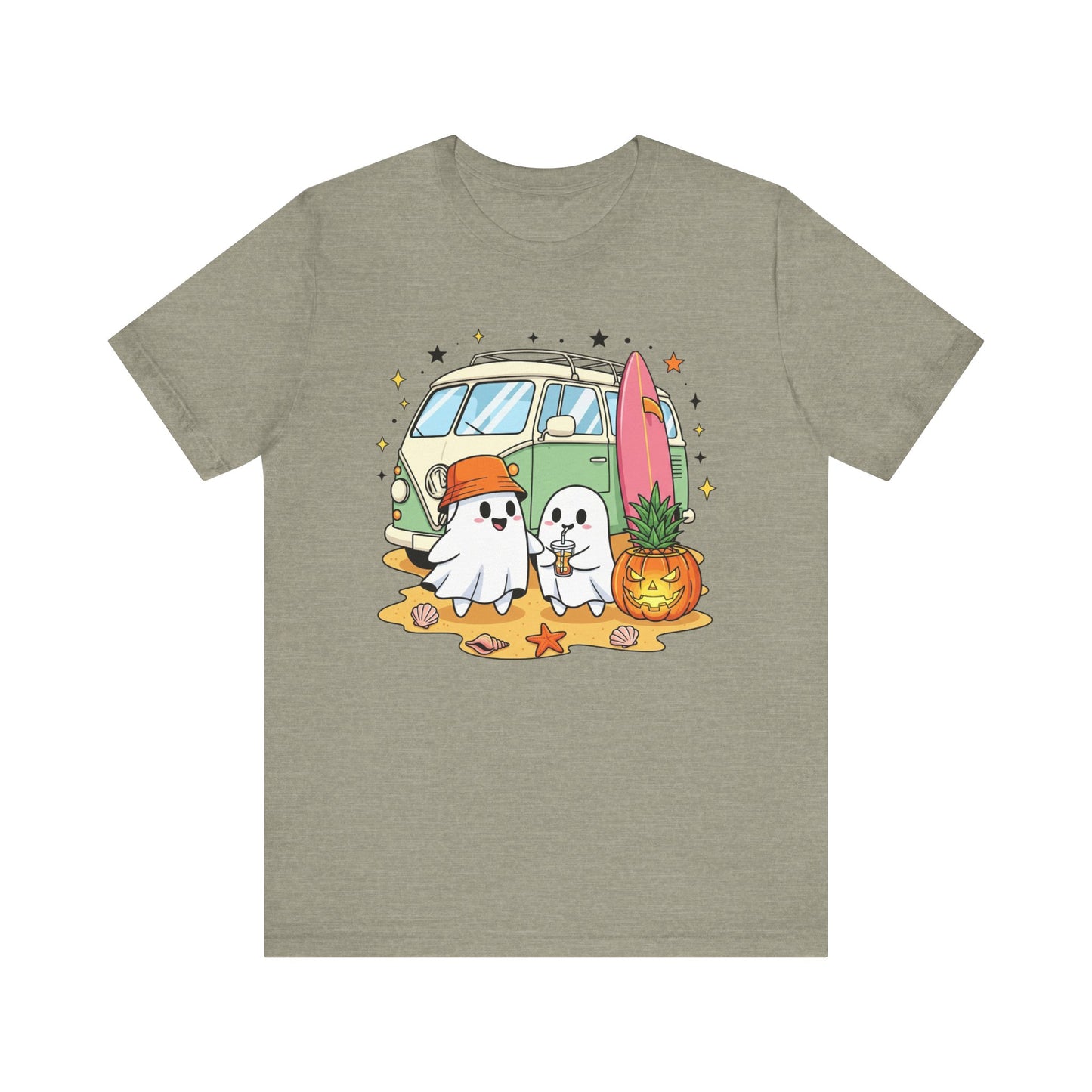 Vintage Van Ghosts Unisex Tee Shirt, Halloween Beach Pumpkin Top, Retro Halloween Shirt, Fall Ghost Tee, Beach Van Shirt