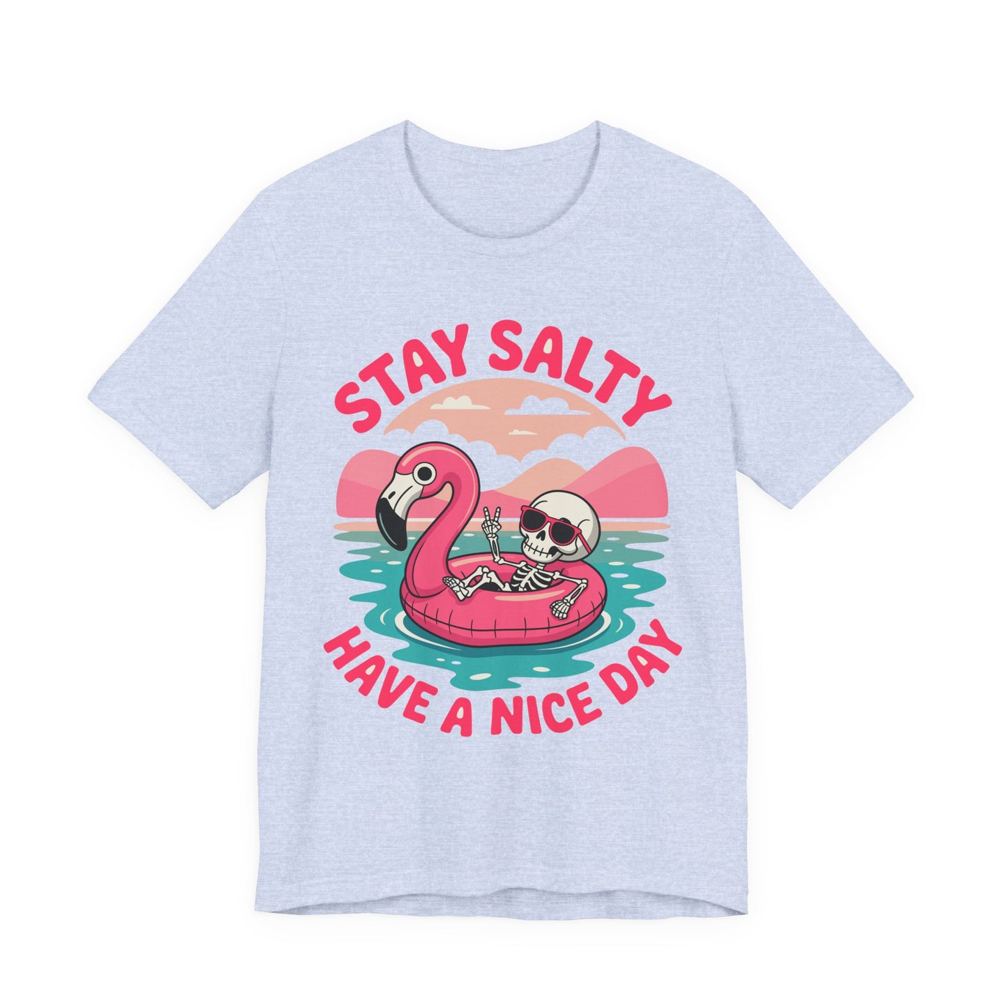 Beachy Skeleton Unisex Tee, Flamingo Float Graphic Shirt, Summer Vacation Top, Skeleton Beach Theme Apparel, Casual Skeleton T-Shirt