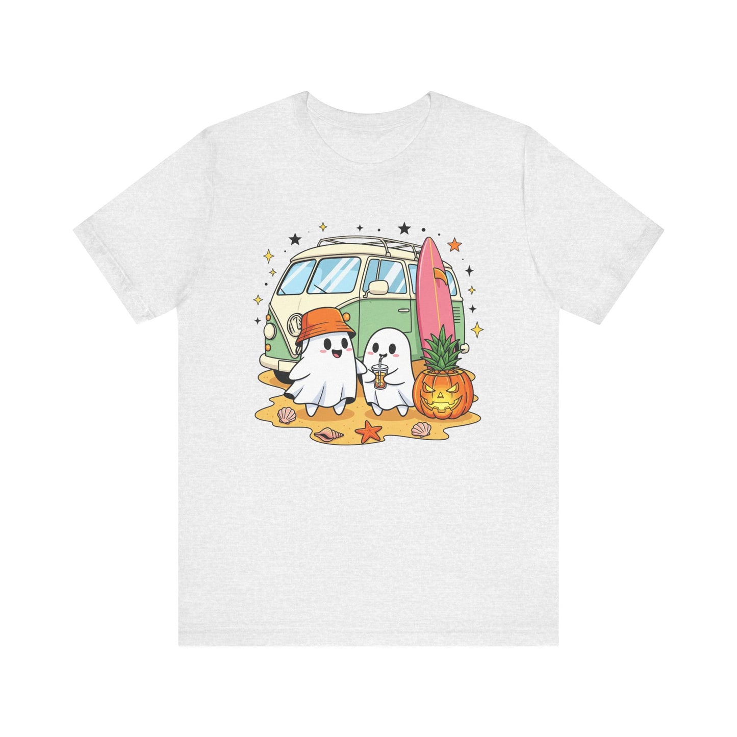 Vintage Van Ghosts Unisex Tee Shirt, Halloween Beach Pumpkin Top, Retro Halloween Shirt, Fall Ghost Tee, Beach Van Shirt