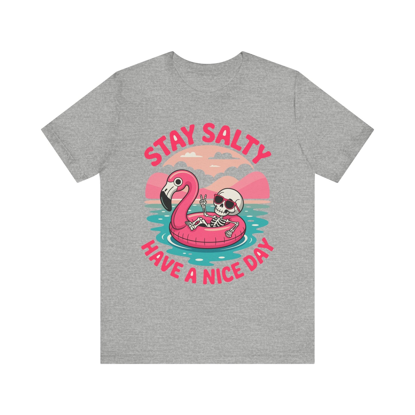Beachy Skeleton Unisex Tee, Flamingo Float Graphic Shirt, Summer Vacation Top, Skeleton Beach Theme Apparel, Casual Skeleton T-Shirt