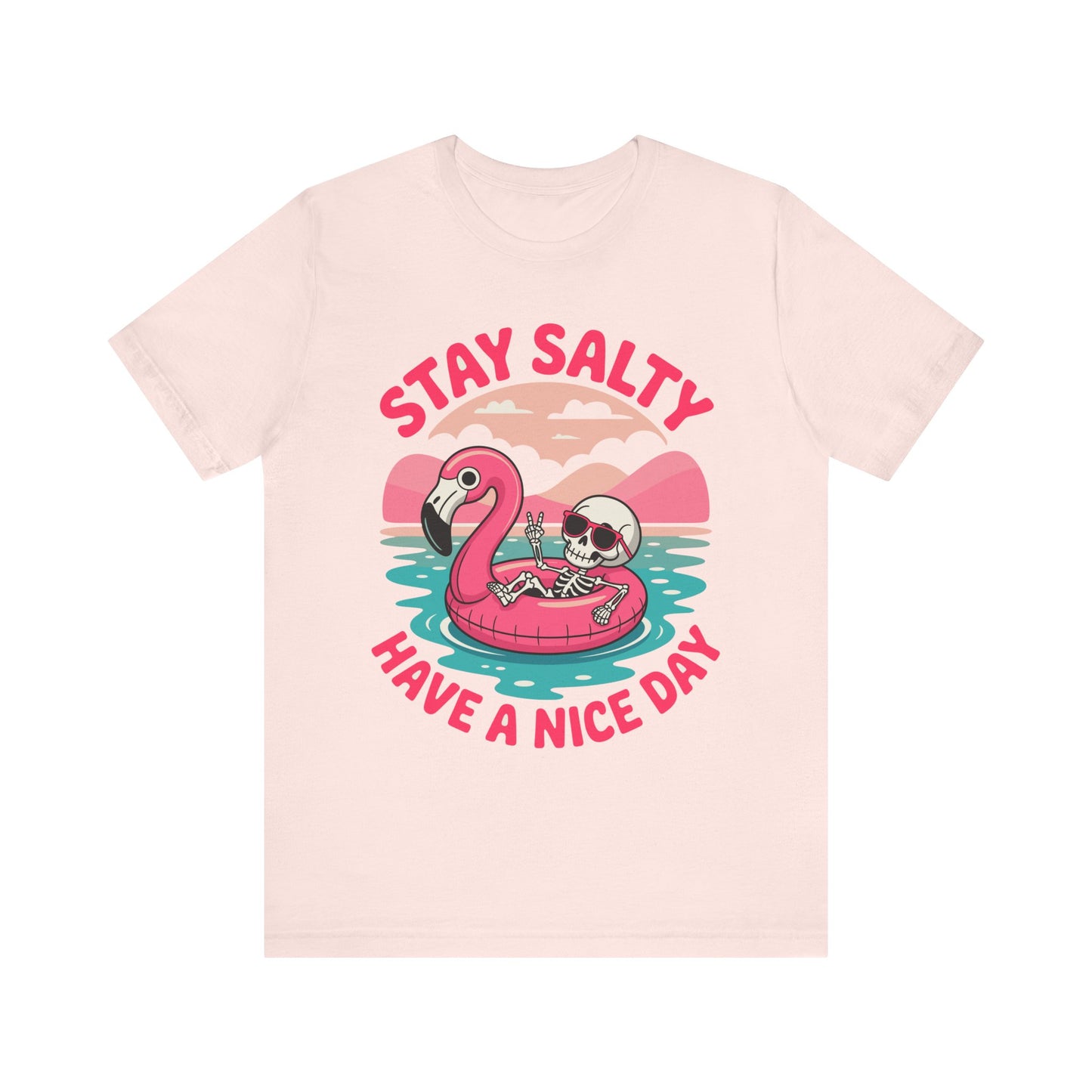 Beachy Skeleton Unisex Tee, Flamingo Float Graphic Shirt, Summer Vacation Top, Skeleton Beach Theme Apparel, Casual Skeleton T-Shirt