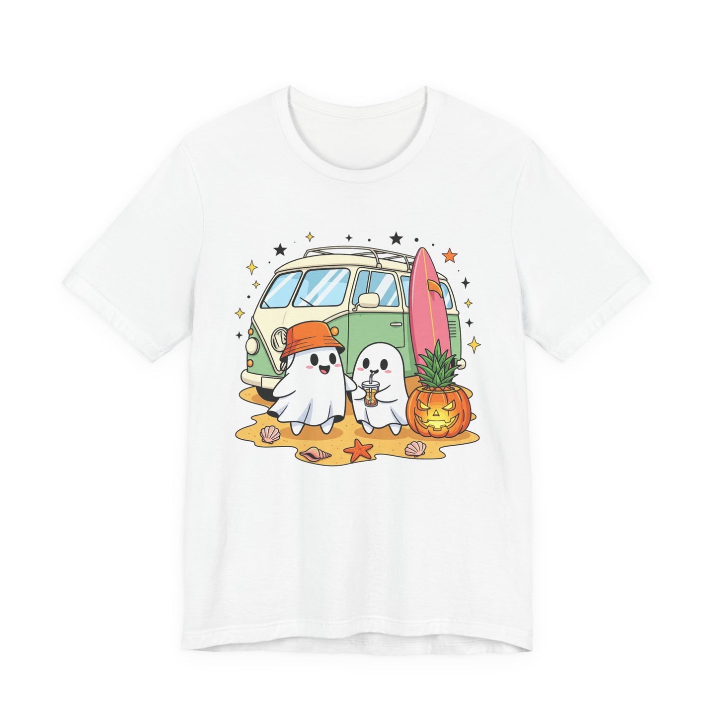 Vintage Van Ghosts Unisex Tee Shirt, Halloween Beach Pumpkin Top, Retro Halloween Shirt, Fall Ghost Tee, Beach Van Shirt