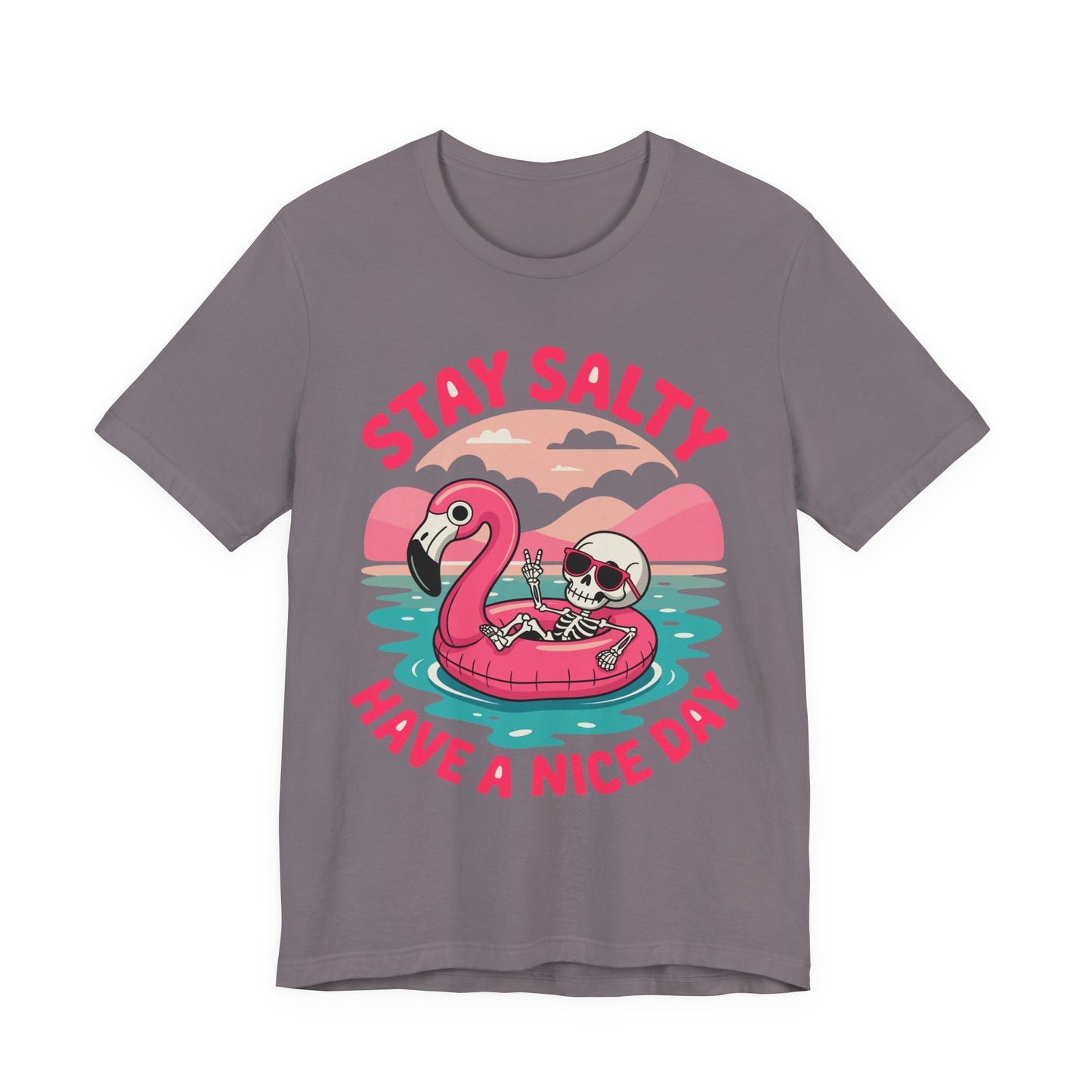 Beachy Skeleton Unisex Tee, Flamingo Float Graphic Shirt, Summer Vacation Top, Skeleton Beach Theme Apparel, Casual Skeleton T-Shirt