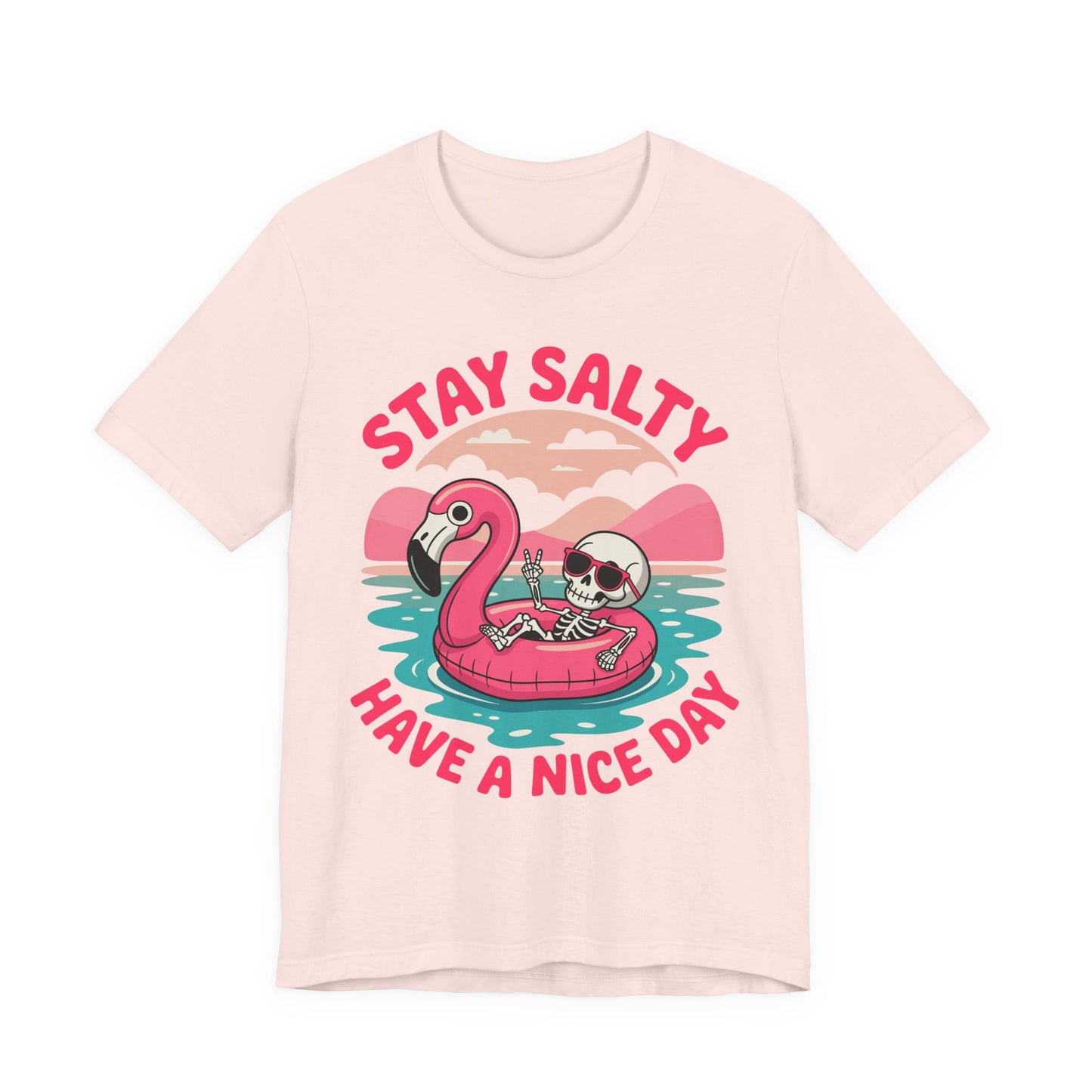 Beachy Skeleton Unisex Tee, Flamingo Float Graphic Shirt, Summer Vacation Top, Skeleton Beach Theme Apparel, Casual Skeleton T-Shirt