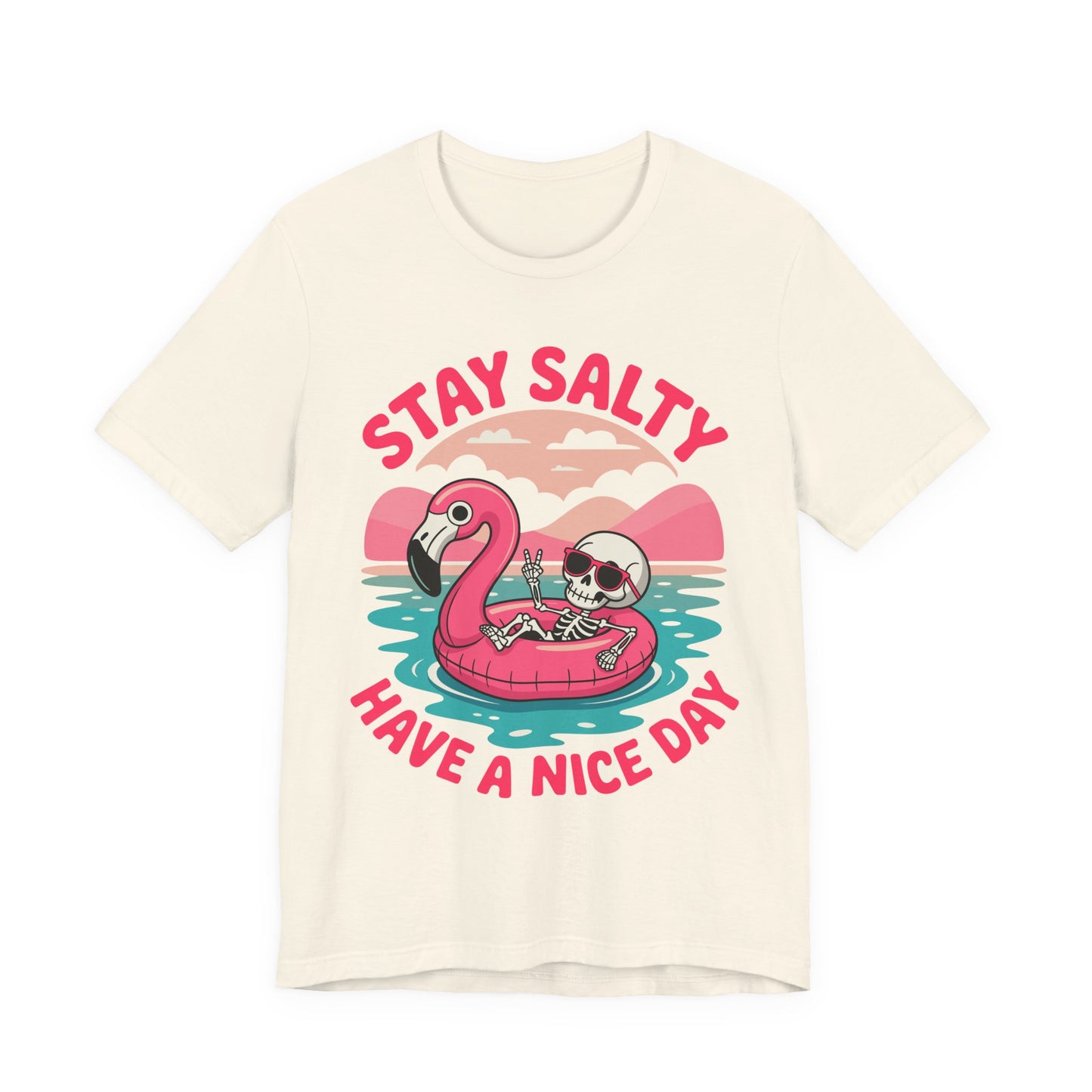 Beachy Skeleton Unisex Tee, Flamingo Float Graphic Shirt, Summer Vacation Top, Skeleton Beach Theme Apparel, Casual Skeleton T-Shirt