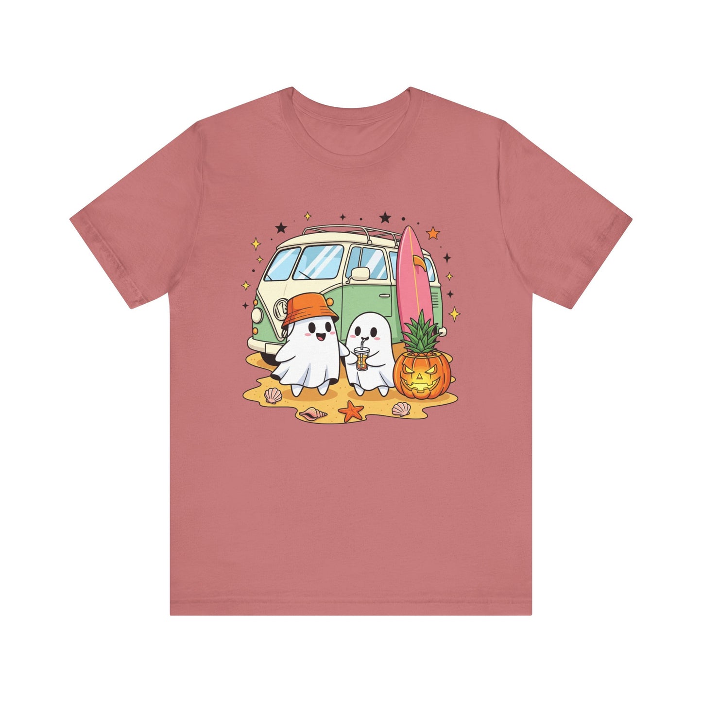 Vintage Van Ghosts Unisex Tee Shirt, Halloween Beach Pumpkin Top, Retro Halloween Shirt, Fall Ghost Tee, Beach Van Shirt
