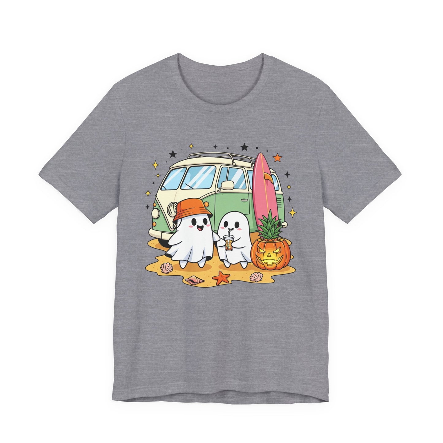 Vintage Van Ghosts Unisex Tee Shirt, Halloween Beach Pumpkin Top, Retro Halloween Shirt, Fall Ghost Tee, Beach Van Shirt