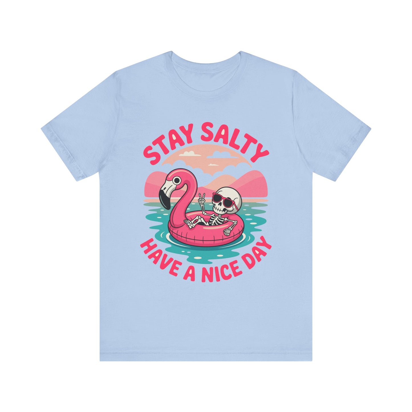 Beachy Skeleton Unisex Tee, Flamingo Float Graphic Shirt, Summer Vacation Top, Skeleton Beach Theme Apparel, Casual Skeleton T-Shirt