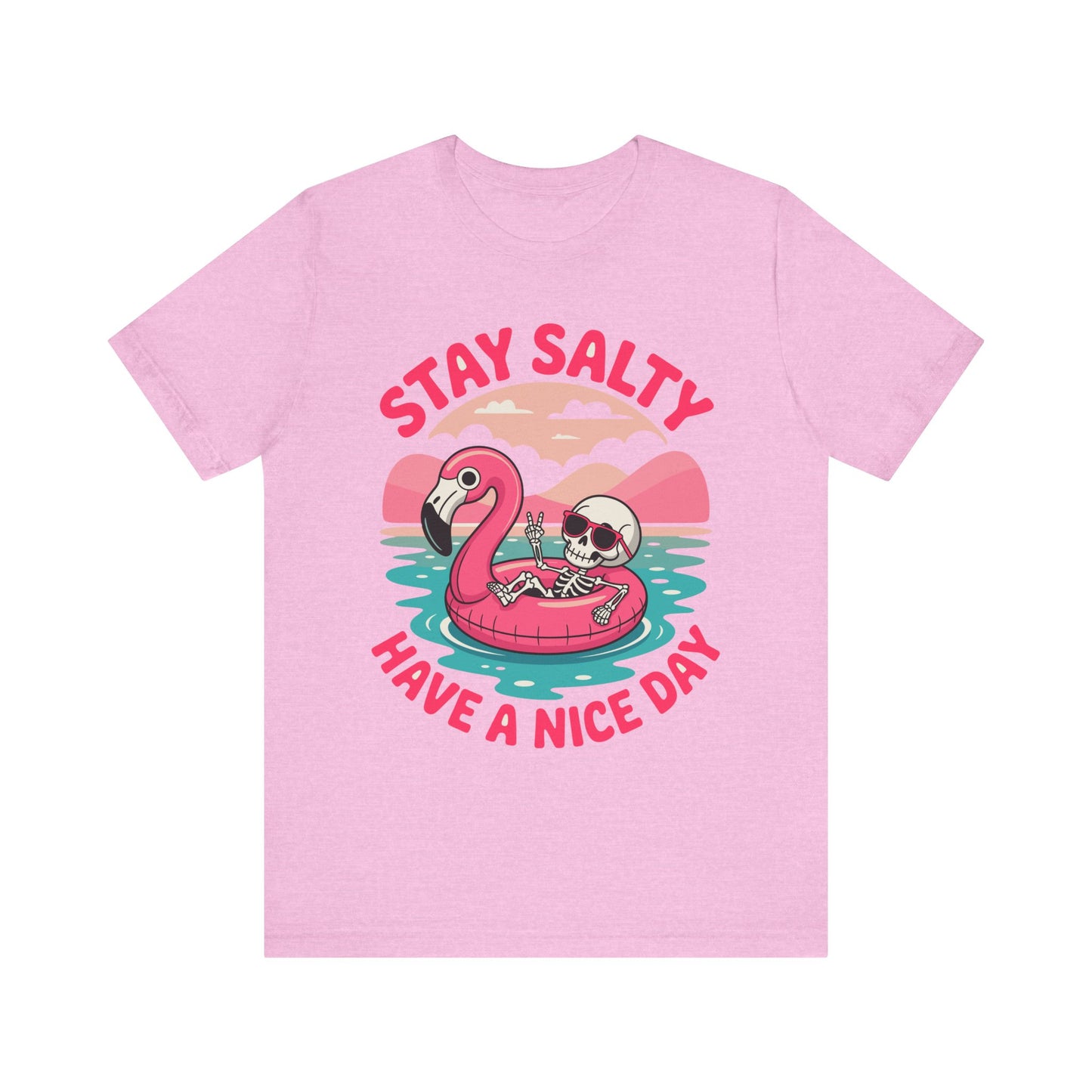 Beachy Skeleton Unisex Tee, Flamingo Float Graphic Shirt, Summer Vacation Top, Skeleton Beach Theme Apparel, Casual Skeleton T-Shirt