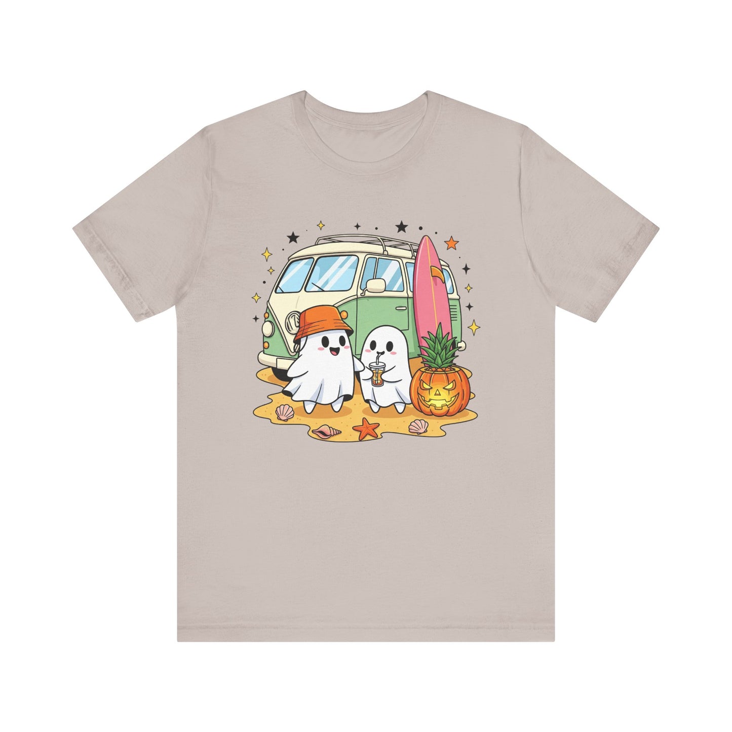 Vintage Van Ghosts Unisex Tee Shirt, Halloween Beach Pumpkin Top, Retro Halloween Shirt, Fall Ghost Tee, Beach Van Shirt