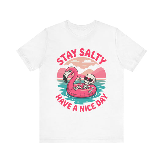 Beachy Skeleton Unisex Tee, Flamingo Float Graphic Shirt, Summer Vacation Top, Skeleton Beach Theme Apparel, Casual Skeleton T-Shirt