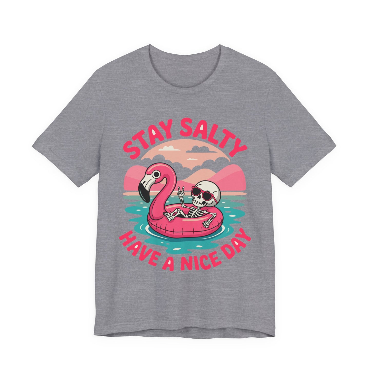 Beachy Skeleton Unisex Tee, Flamingo Float Graphic Shirt, Summer Vacation Top, Skeleton Beach Theme Apparel, Casual Skeleton T-Shirt