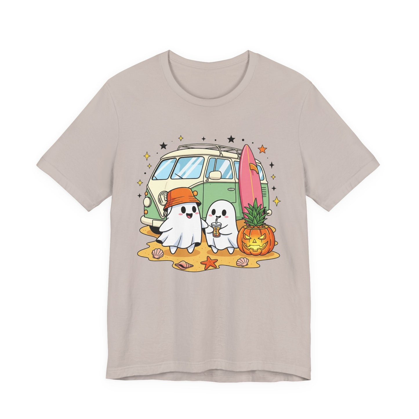 Vintage Van Ghosts Unisex Tee Shirt, Halloween Beach Pumpkin Top, Retro Halloween Shirt, Fall Ghost Tee, Beach Van Shirt
