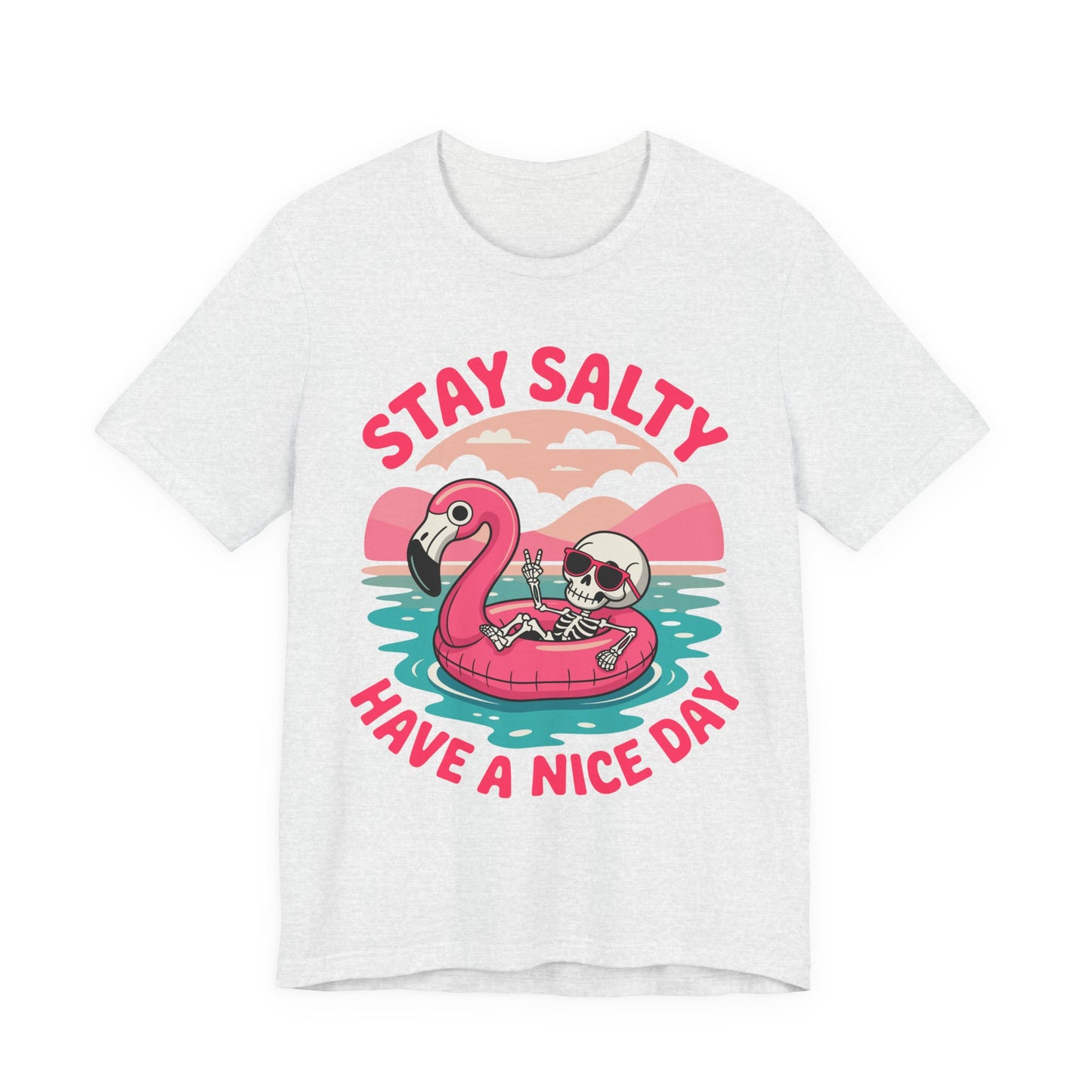 Beachy Skeleton Unisex Tee, Flamingo Float Graphic Shirt, Summer Vacation Top, Skeleton Beach Theme Apparel, Casual Skeleton T-Shirt