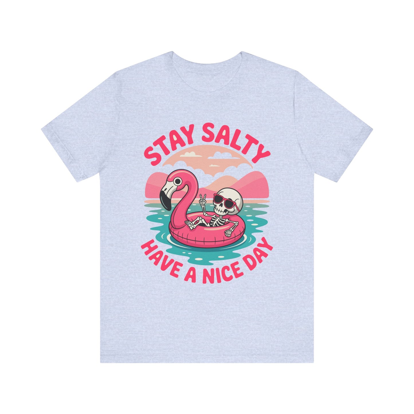 Beachy Skeleton Unisex Tee, Flamingo Float Graphic Shirt, Summer Vacation Top, Skeleton Beach Theme Apparel, Casual Skeleton T-Shirt