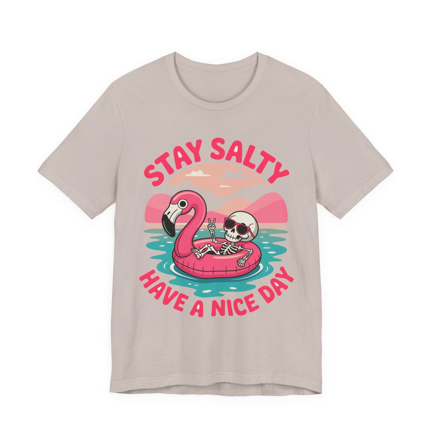 Beachy Skeleton Unisex Tee, Flamingo Float Graphic Shirt, Summer Vacation Top, Skeleton Beach Theme Apparel, Casual Skeleton T-Shirt