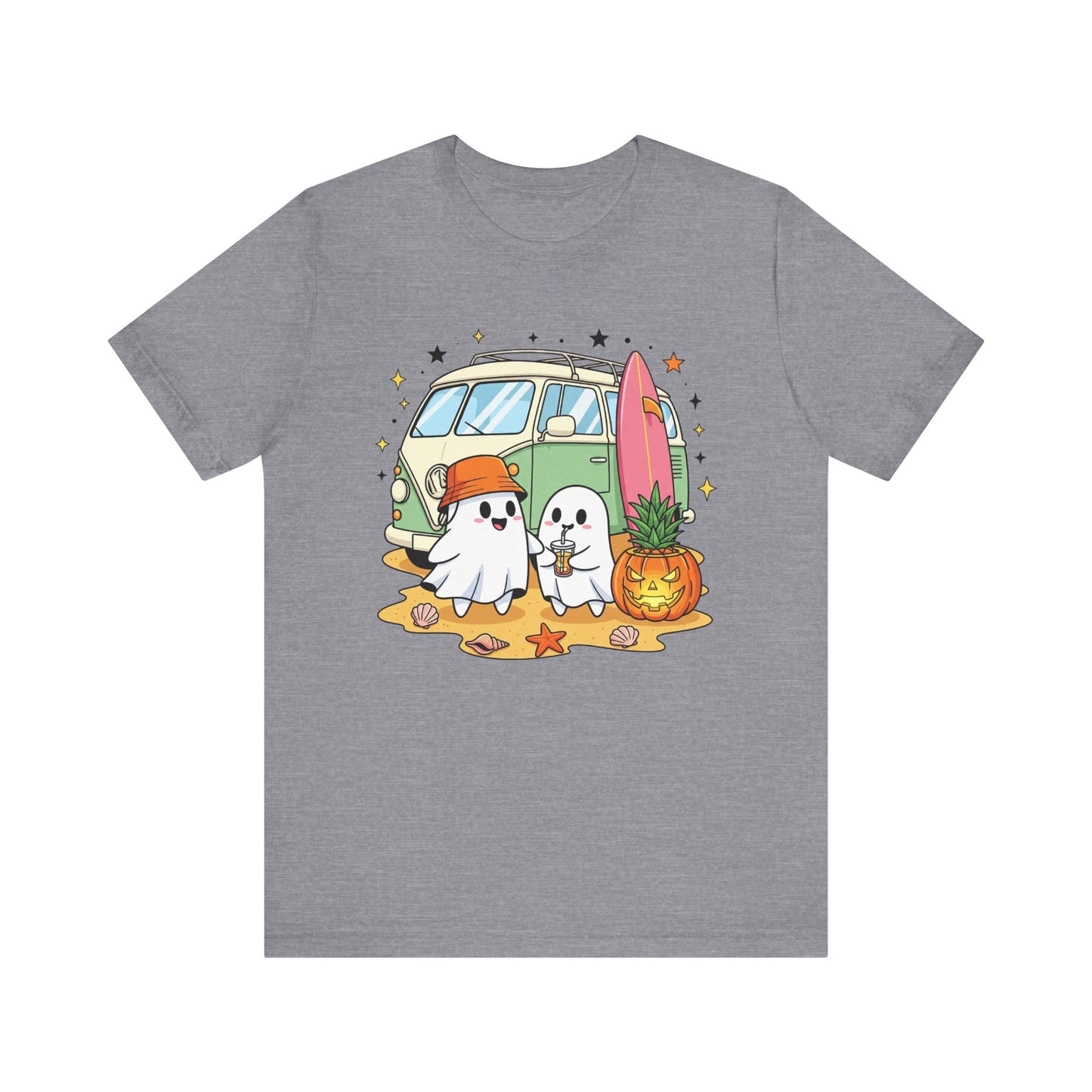 Vintage Van Ghosts Unisex Tee Shirt, Halloween Beach Pumpkin Top, Retro Halloween Shirt, Fall Ghost Tee, Beach Van Shirt