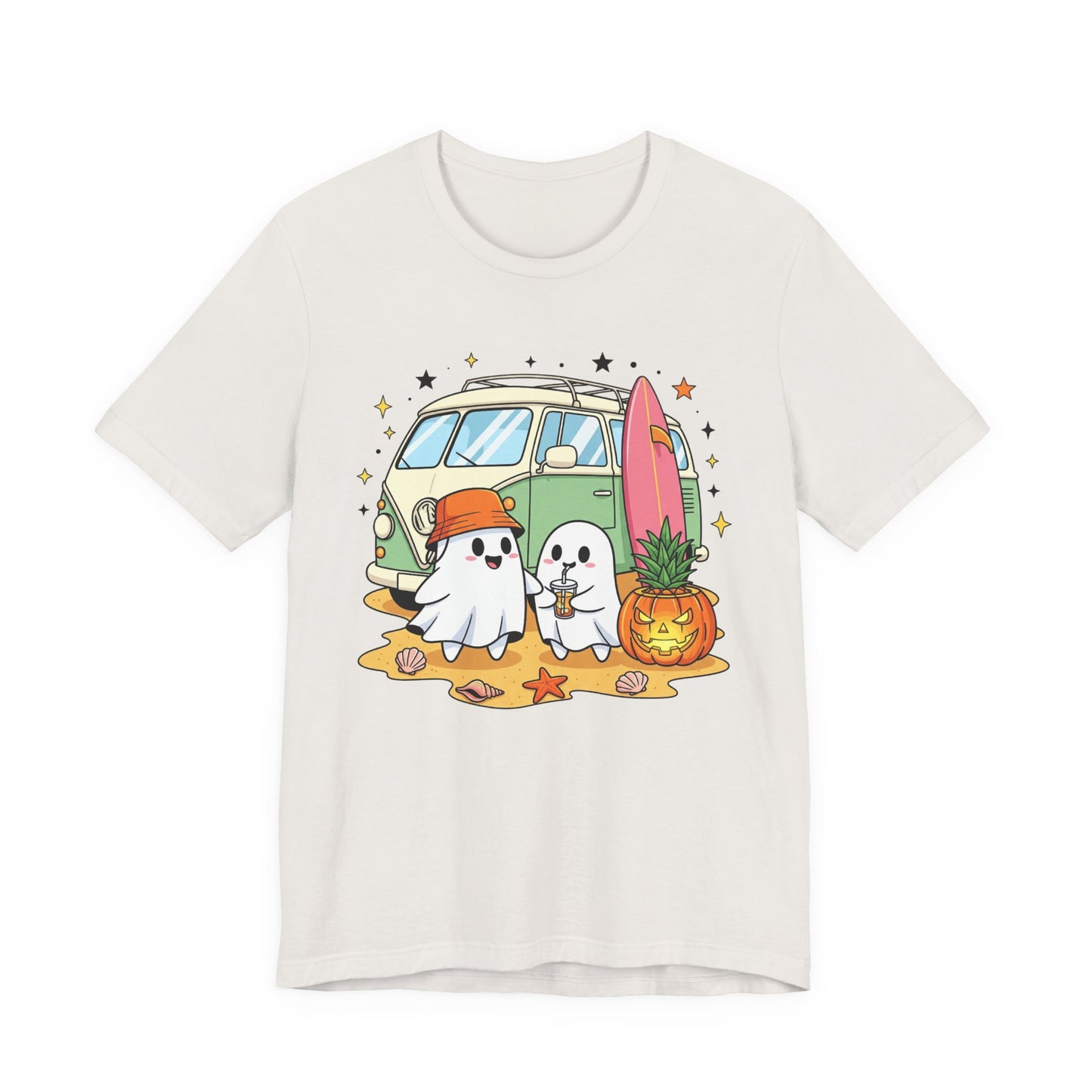 Vintage Van Ghosts Unisex Tee Shirt, Halloween Beach Pumpkin Top, Retro Halloween Shirt, Fall Ghost Tee, Beach Van Shirt