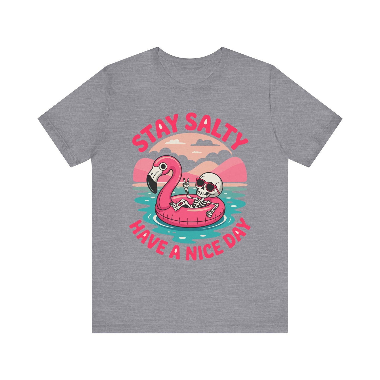 Beachy Skeleton Unisex Tee, Flamingo Float Graphic Shirt, Summer Vacation Top, Skeleton Beach Theme Apparel, Casual Skeleton T-Shirt