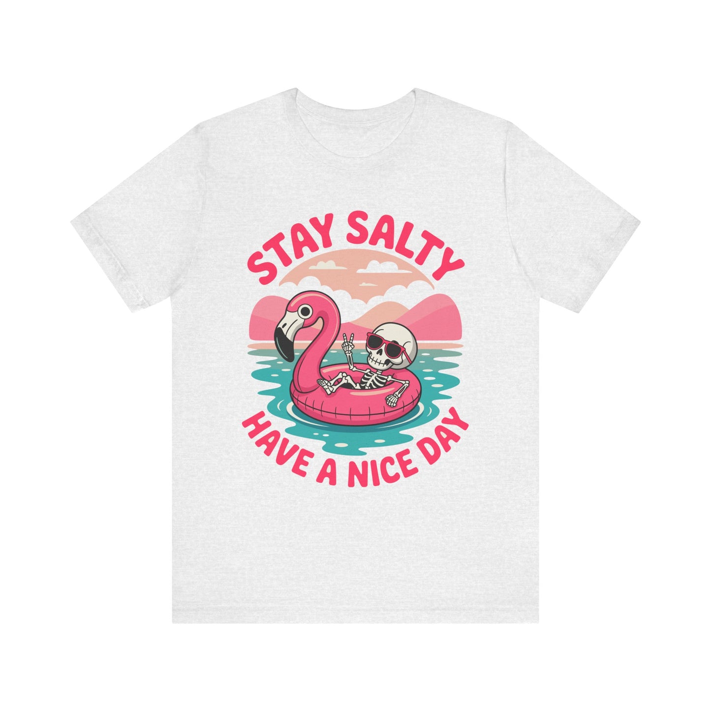 Beachy Skeleton Unisex Tee, Flamingo Float Graphic Shirt, Summer Vacation Top, Skeleton Beach Theme Apparel, Casual Skeleton T-Shirt