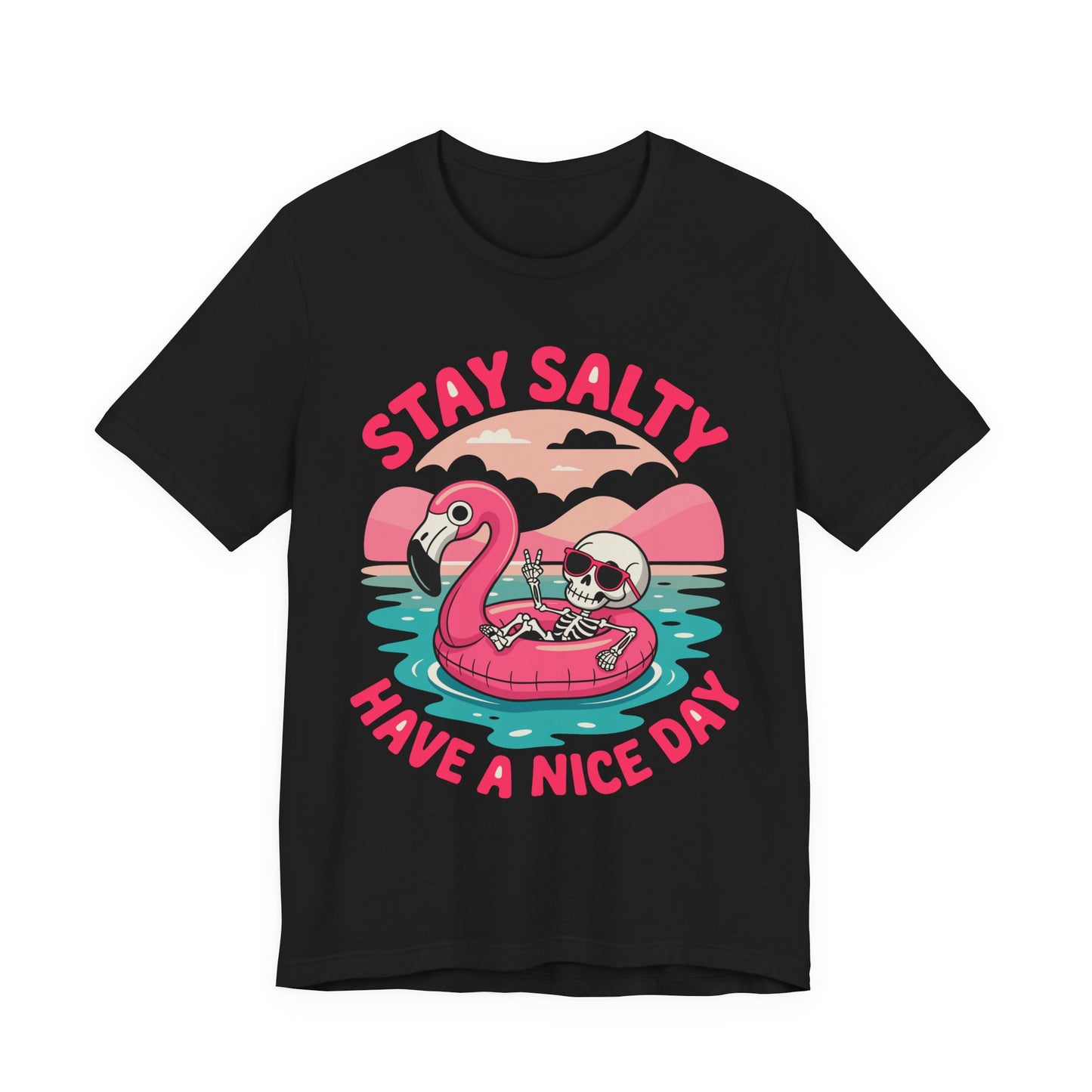 Beachy Skeleton Unisex Tee, Flamingo Float Graphic Shirt, Summer Vacation Top, Skeleton Beach Theme Apparel, Casual Skeleton T-Shirt