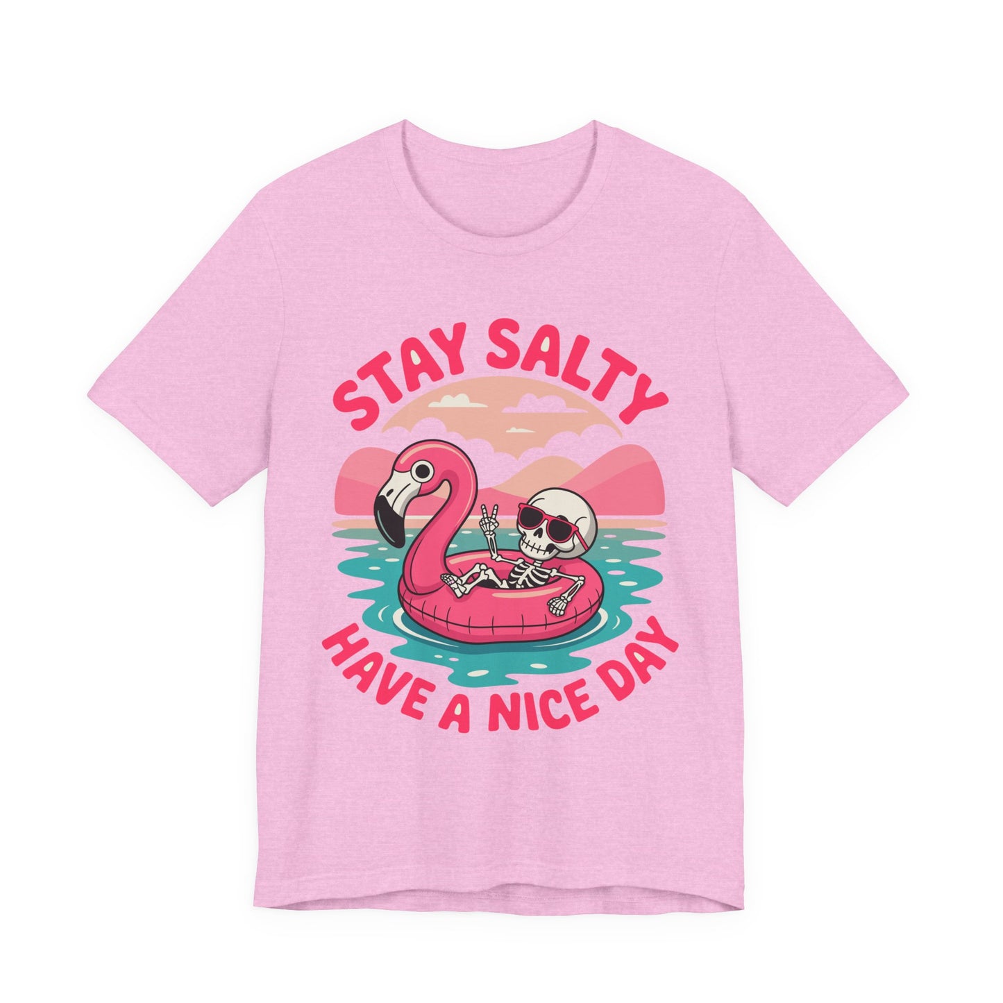 Beachy Skeleton Unisex Tee, Flamingo Float Graphic Shirt, Summer Vacation Top, Skeleton Beach Theme Apparel, Casual Skeleton T-Shirt