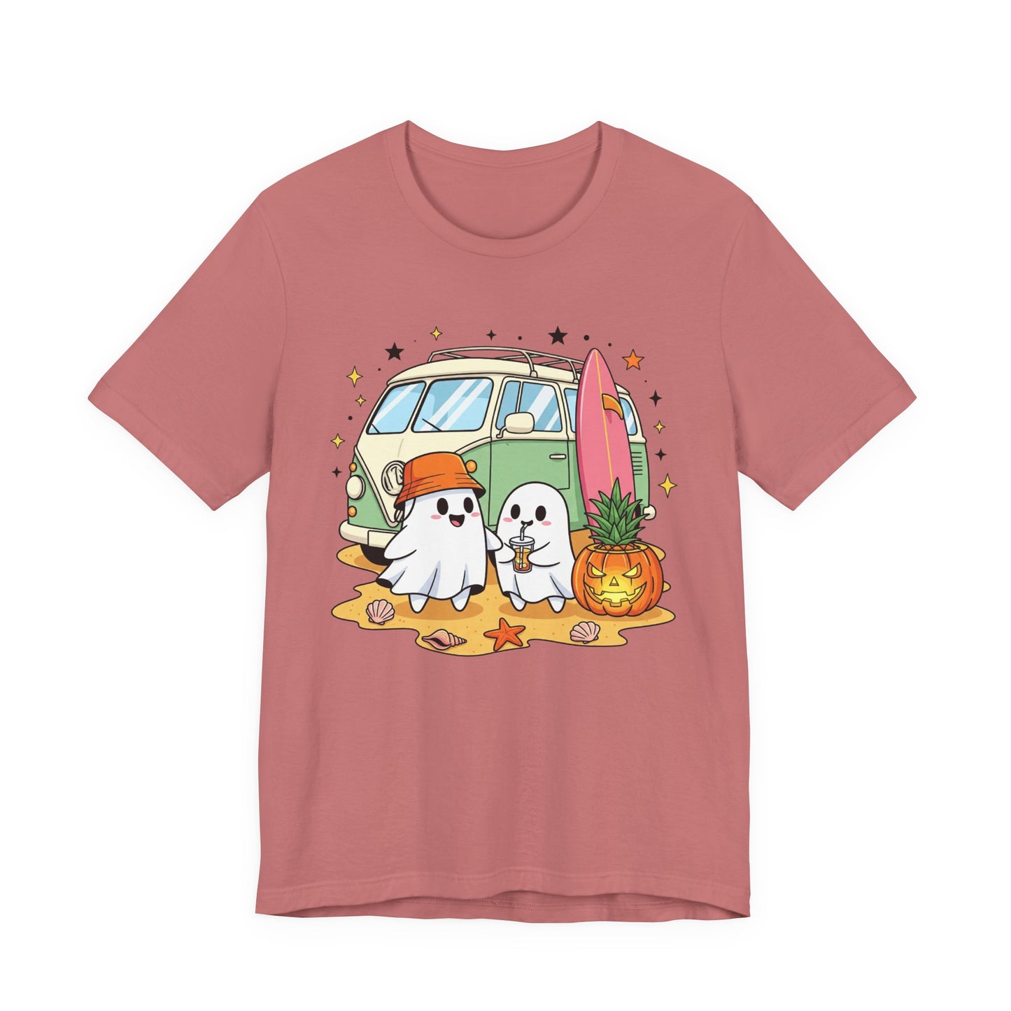 Vintage Van Ghosts Unisex Tee Shirt, Halloween Beach Pumpkin Top, Retro Halloween Shirt, Fall Ghost Tee, Beach Van Shirt