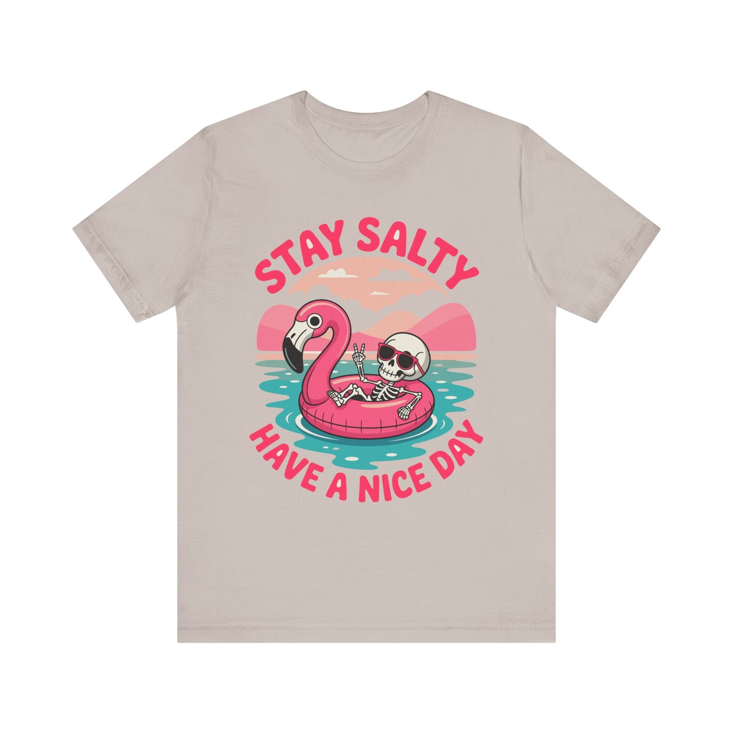 Beachy Skeleton Unisex Tee, Flamingo Float Graphic Shirt, Summer Vacation Top, Skeleton Beach Theme Apparel, Casual Skeleton T-Shirt