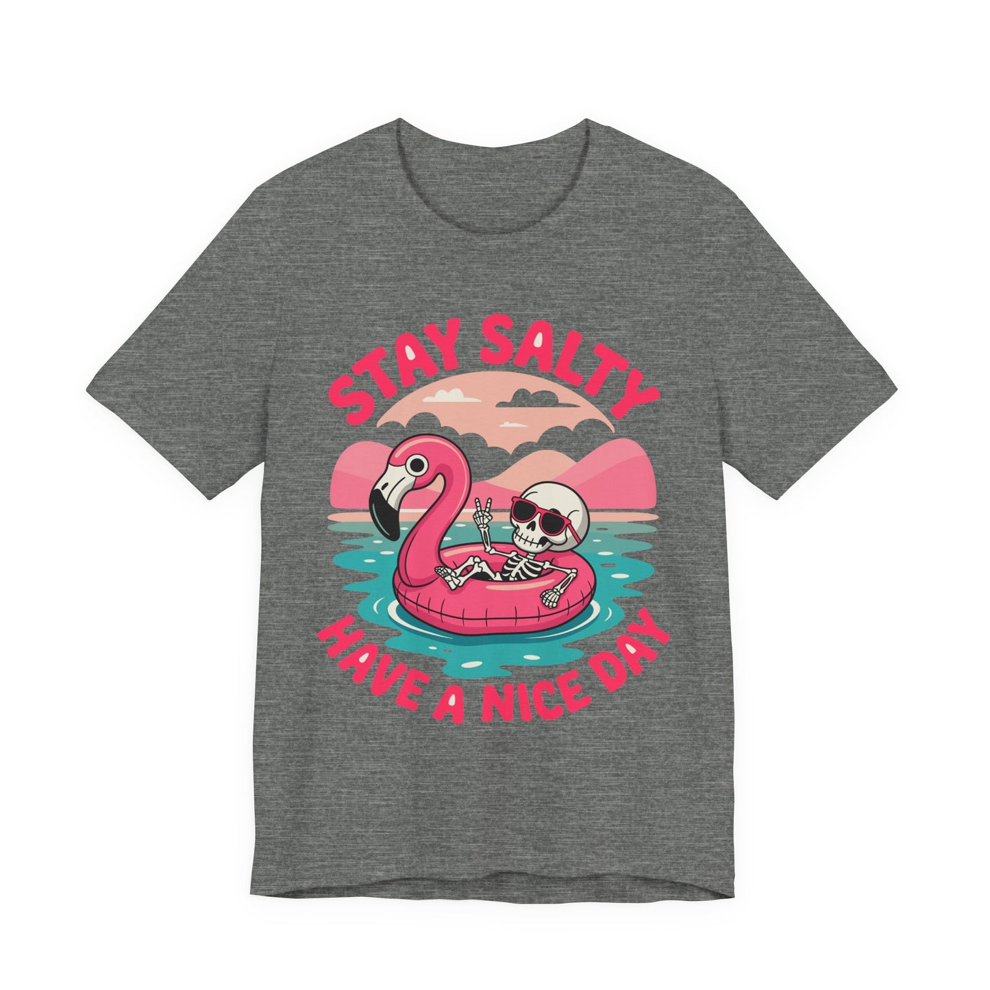 Beachy Skeleton Unisex Tee, Flamingo Float Graphic Shirt, Summer Vacation Top, Skeleton Beach Theme Apparel, Casual Skeleton T-Shirt