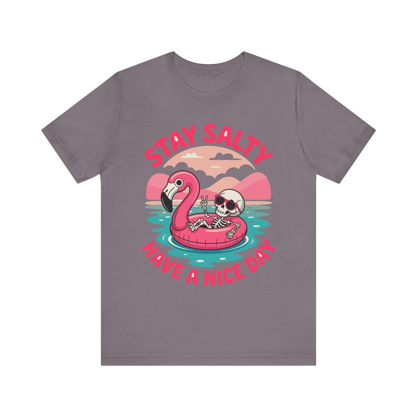 Beachy Skeleton Unisex Tee, Flamingo Float Graphic Shirt, Summer Vacation Top, Skeleton Beach Theme Apparel, Casual Skeleton T-Shirt