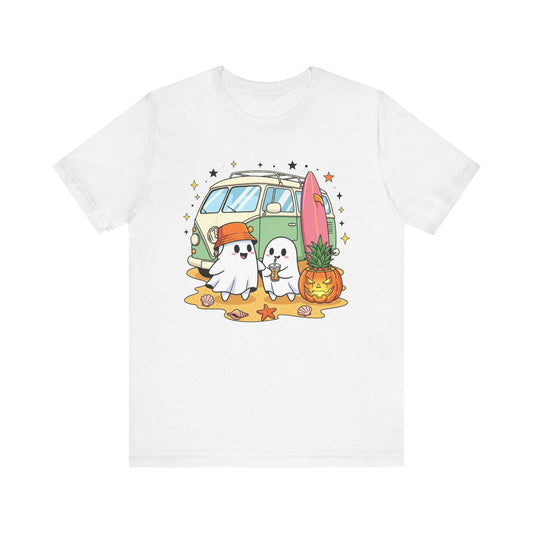 Vintage Van Ghosts Unisex Tee Shirt, Halloween Beach Pumpkin Top, Retro Halloween Shirt, Fall Ghost Tee, Beach Van Shirt