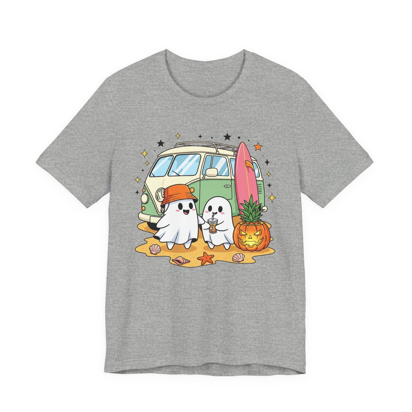 Vintage Van Ghosts Unisex Tee Shirt, Halloween Beach Pumpkin Top, Retro Halloween Shirt, Fall Ghost Tee, Beach Van Shirt