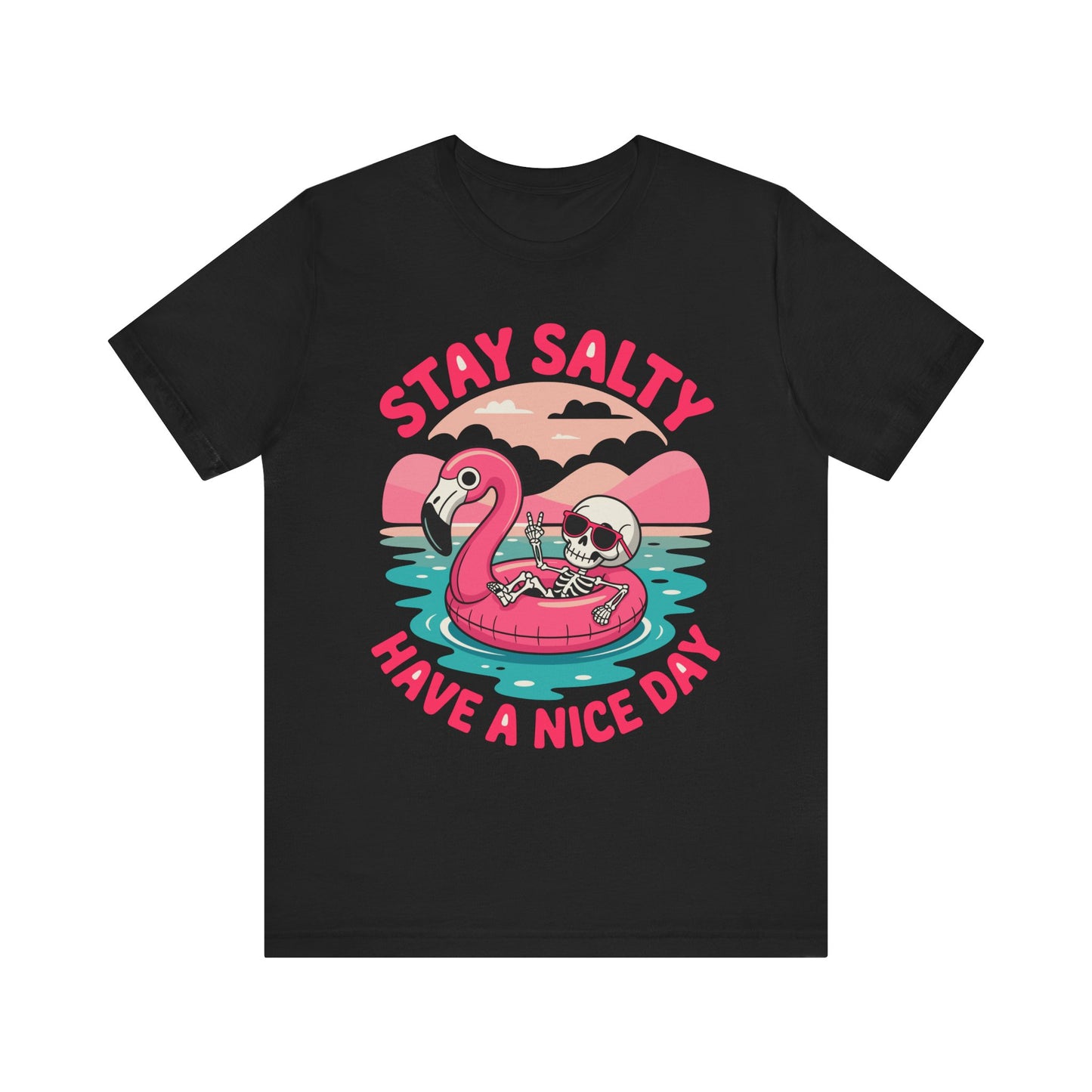 Beachy Skeleton Unisex Tee, Flamingo Float Graphic Shirt, Summer Vacation Top, Skeleton Beach Theme Apparel, Casual Skeleton T-Shirt