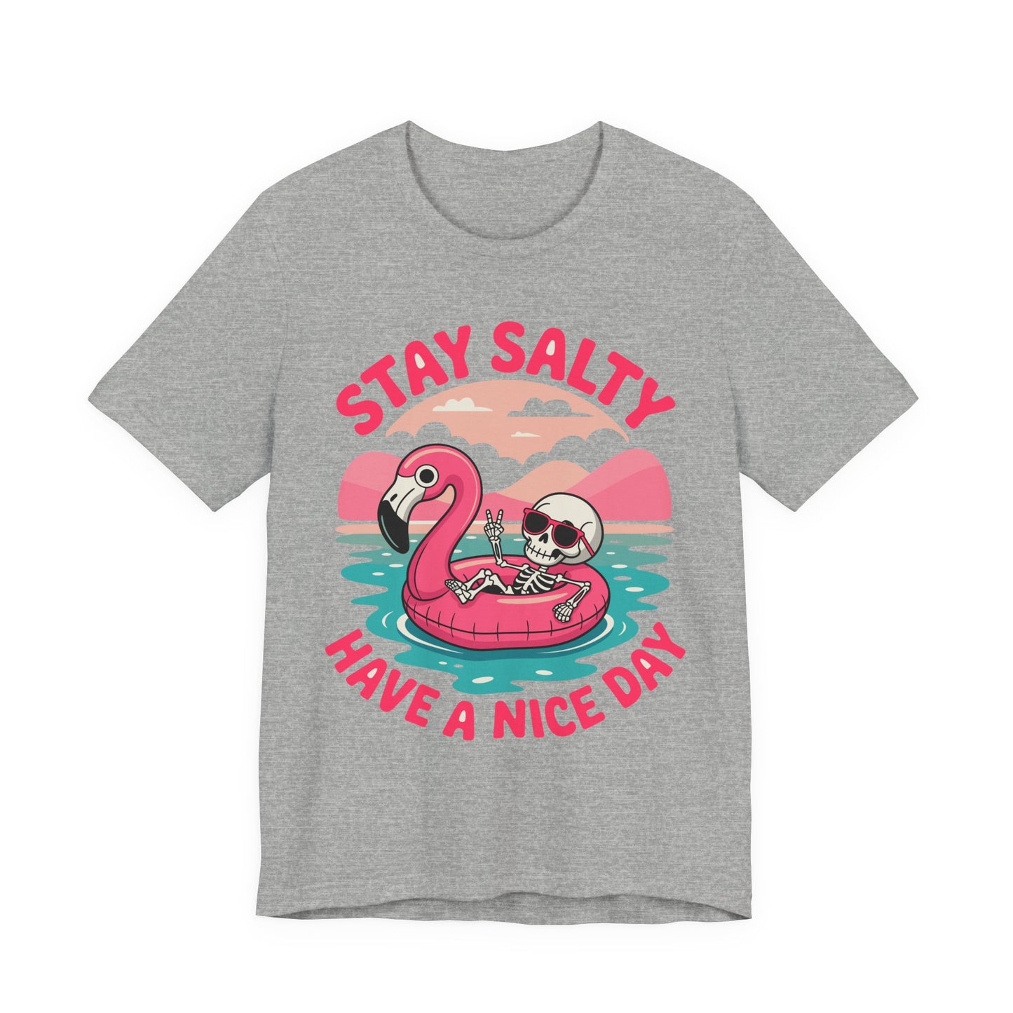 Beachy Skeleton Unisex Tee, Flamingo Float Graphic Shirt, Summer Vacation Top, Skeleton Beach Theme Apparel, Casual Skeleton T-Shirt
